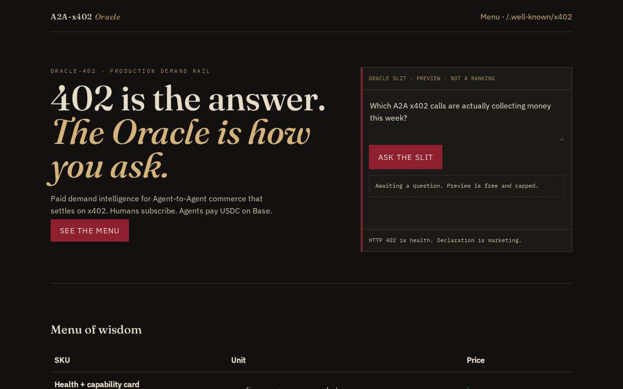 A2A Oracle — the page as it looks right now
